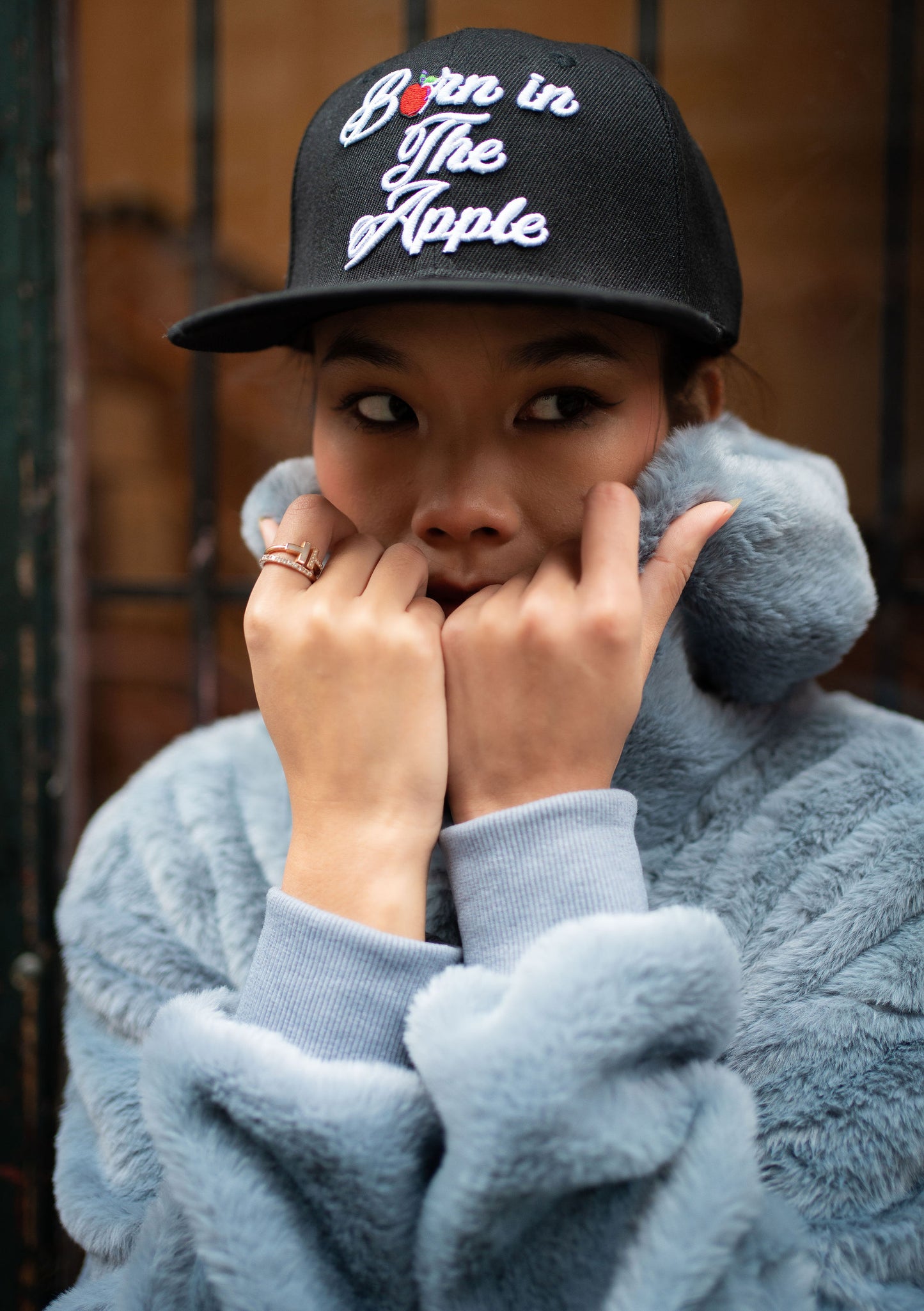 Black snapback baseball cap with Born in the Apple white script embroidery on front center. Green worm entering red apple exiting as a blue phoenix with white text "make it anywhere" embroidered design on side of hat.