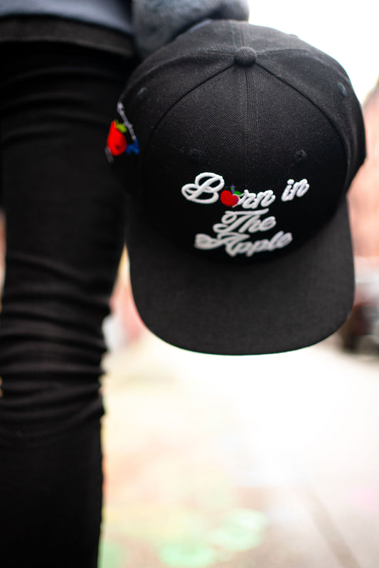 Black snapback baseball cap with Born in the Apple white script embroidery on front center. Green worm entering red apple exiting as a blue phoenix with white text "make it anywhere" embroidered design on side of hat.